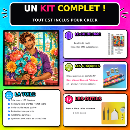 Kit Diamond Painting L Atelier du Fleuriste 110x110 cm avec toile coton, diamants resine, AB et accessoires