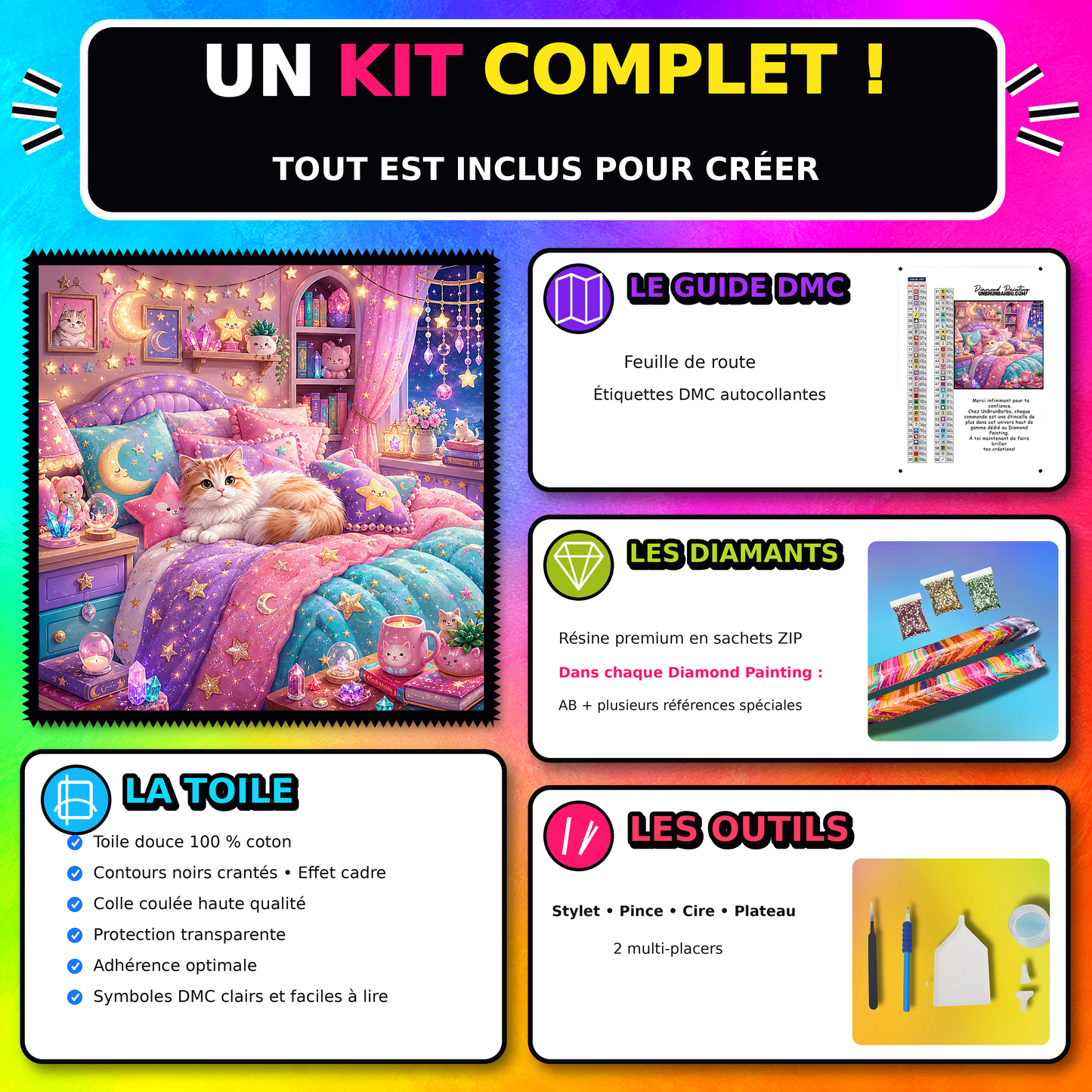 Kit Diamond Painting La Chambre Magique du Chat 120x120 cm avec toile coton, diamants resine, AB et accessoires