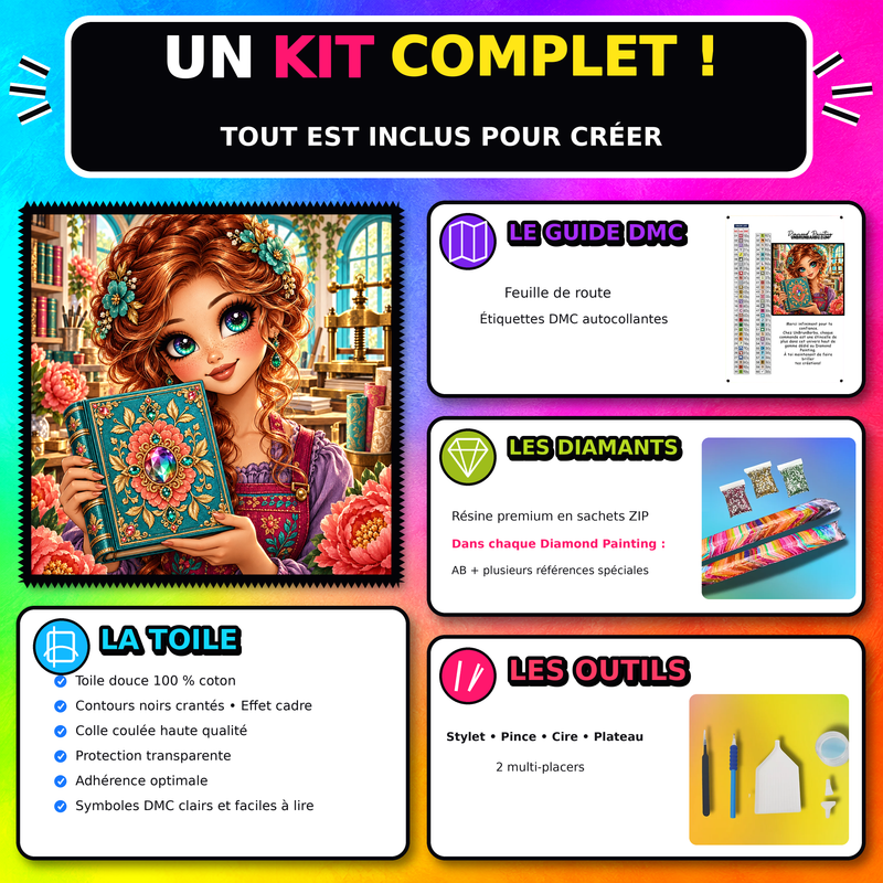 Kit Diamond Painting La Creatrice de Livres d Exception 90x90 cm avec toile coton, diamants resine, AB et accessoires