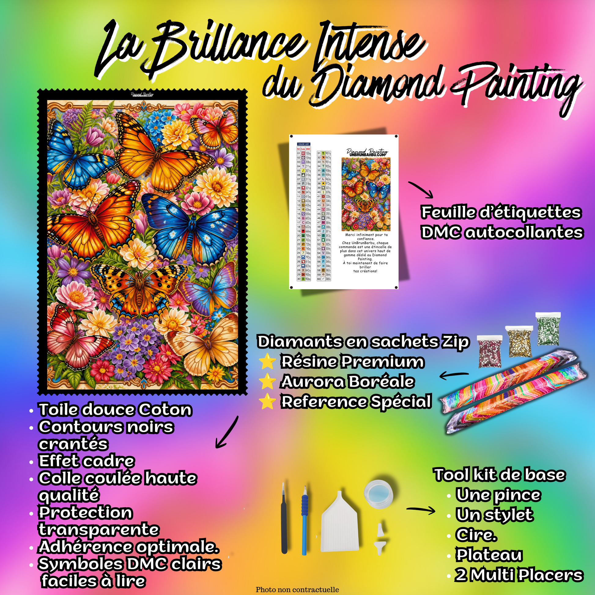 Kit complet Diamond Painting La Danse des Papillons 70x90 cm avec toile coton, diamants résine, AB et accessoires