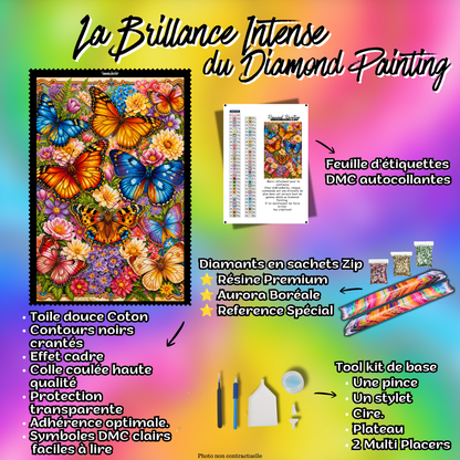 Kit complet Diamond Painting La Danse des Papillons 70x90 cm avec toile coton, diamants résine, AB et accessoires