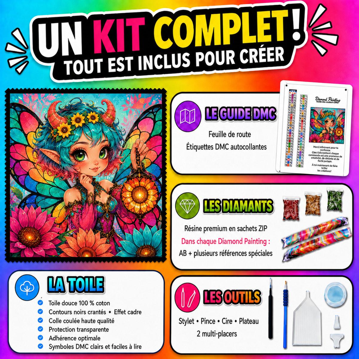 Kit Diamond Painting La Fée à la Lanterne Tournesol 100x100 cm avec toile coton, diamants résine, AB et accessoires