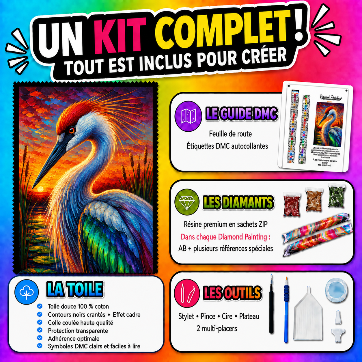 Kit complet Diamond Painting La Grue au Coucher de Soleil 60x90 cm avec toile, diamants et accessoires