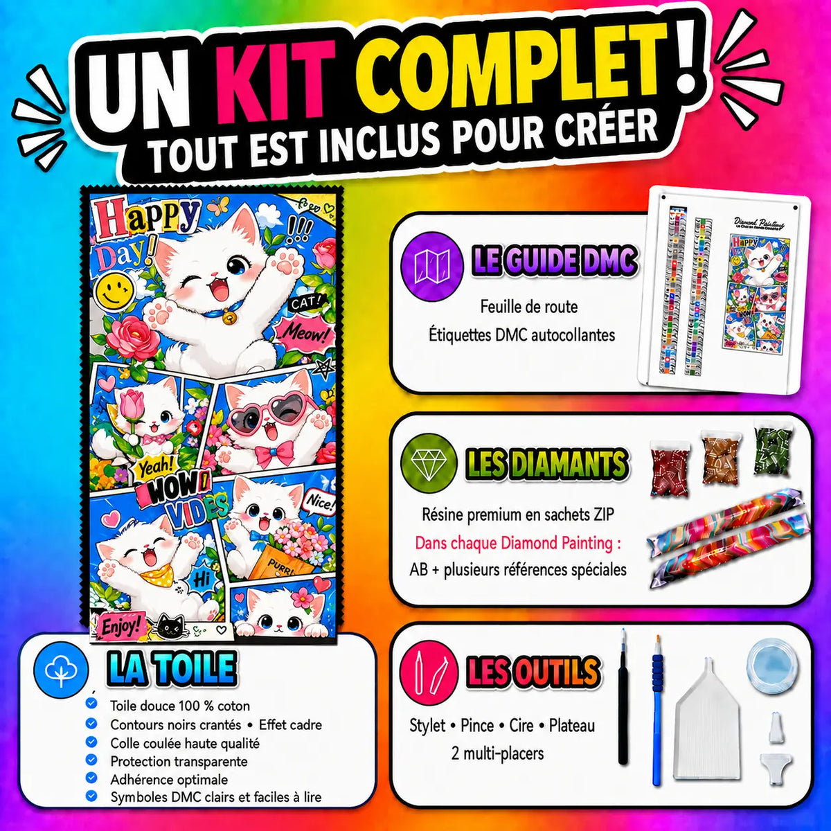 Kit Diamond Painting Le Chat en Bande Dessinée 45x80 cm avec toile coton, diamants résine, AB et accessoires