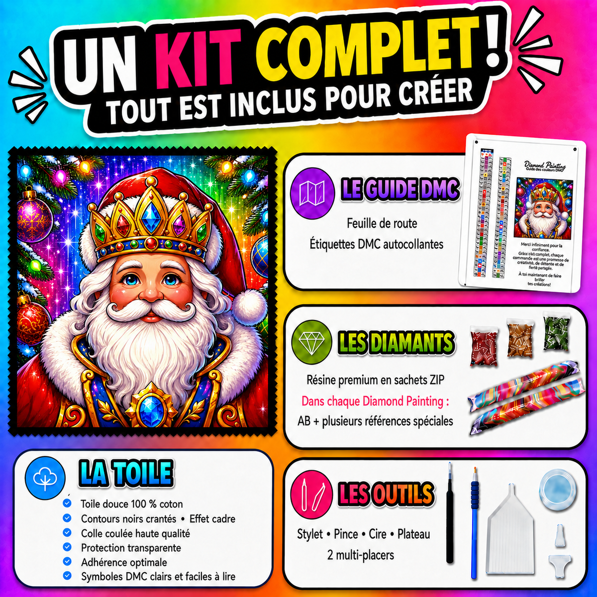 Kit Diamond Painting Le Père Noël Royal 90x90 cm avec toile coton, diamants résine, AB et accessoires