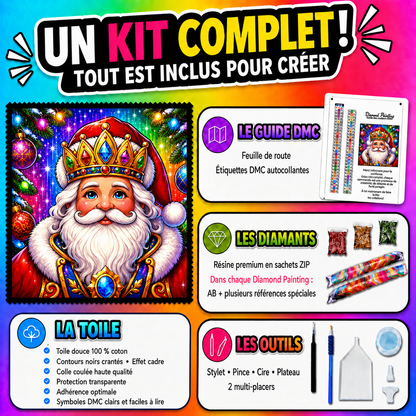 Kit Diamond Painting Le Père Noël Royal 90x90 cm avec toile coton, diamants résine, AB et accessoires