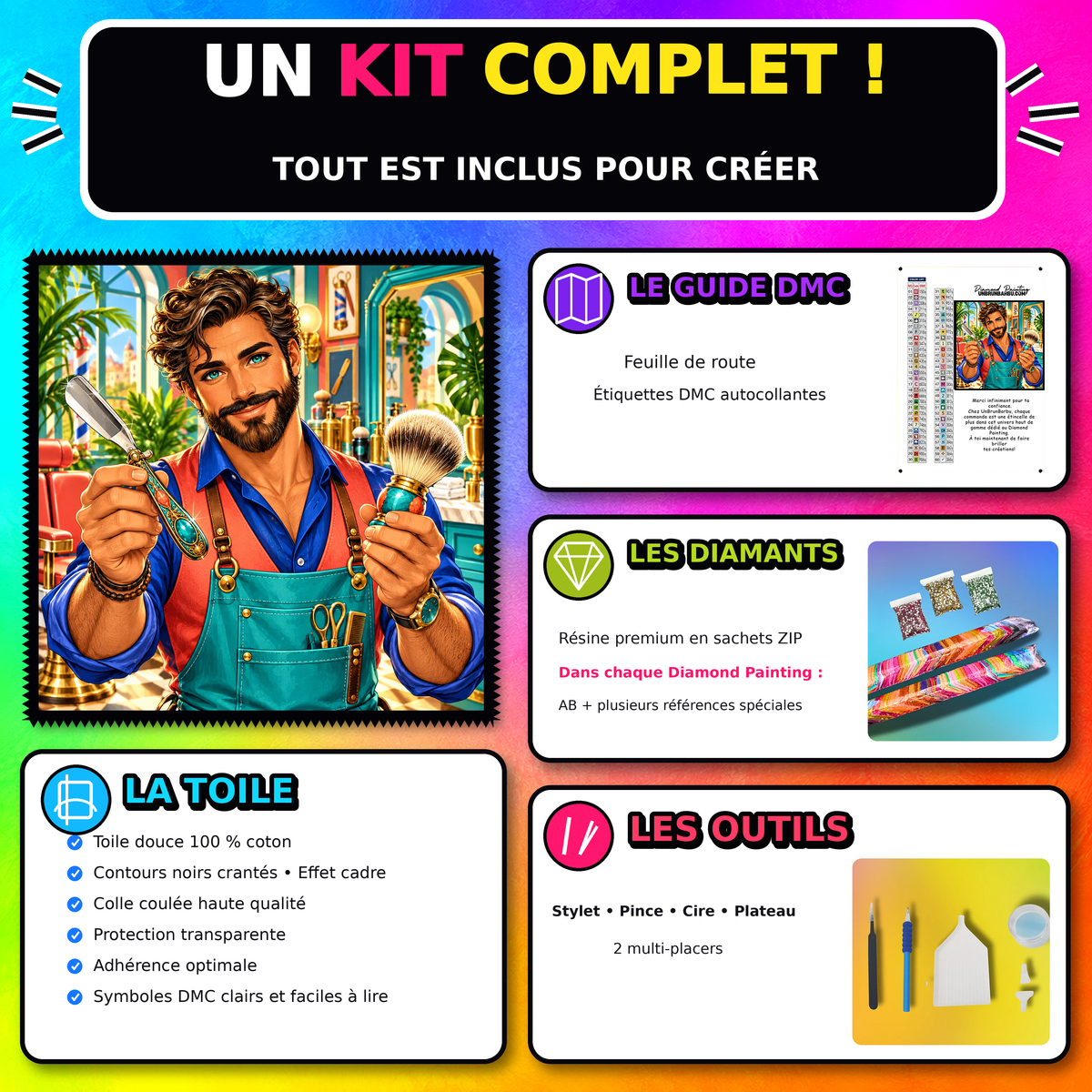 Kit Diamond Painting Le Savoir Faire du Barbier 100x100 cm avec toile coton, diamants resine, AB et accessoires