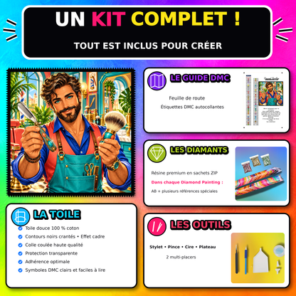 Kit Diamond Painting Le Savoir Faire du Barbier 100x100 cm avec toile coton, diamants resine, AB et accessoires