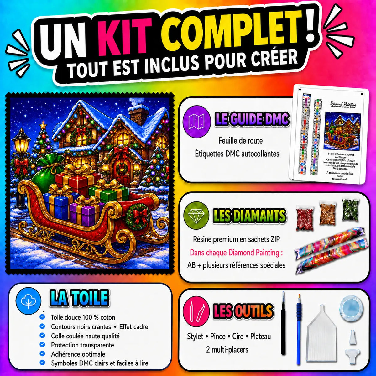 Kit Diamond Painting Le Traîneau du Père Noël 120x120 cm avec toile coton, diamants résine, AB et accessoires