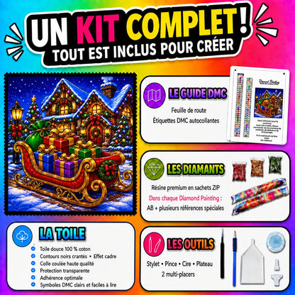 Kit Diamond Painting Le Traîneau du Père Noël 120x120 cm avec toile coton, diamants résine, AB et accessoires