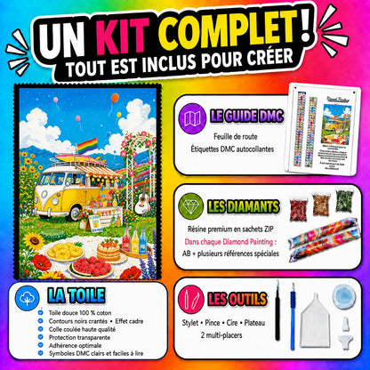 Kit Diamond Painting Le Van des Beaux Jours 60x90 cm avec toile coton, diamants résine, AB et accessoires