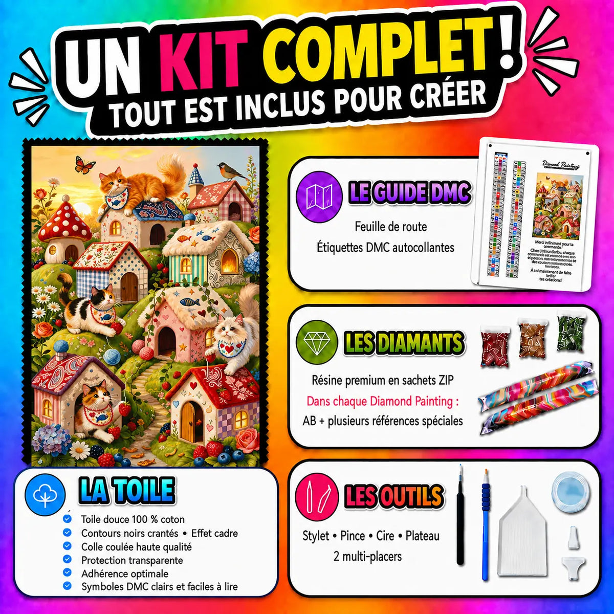 Kit Diamond Painting Le Village des Chats 75x100 cm avec toile coton, diamants résine, AB et accessoires