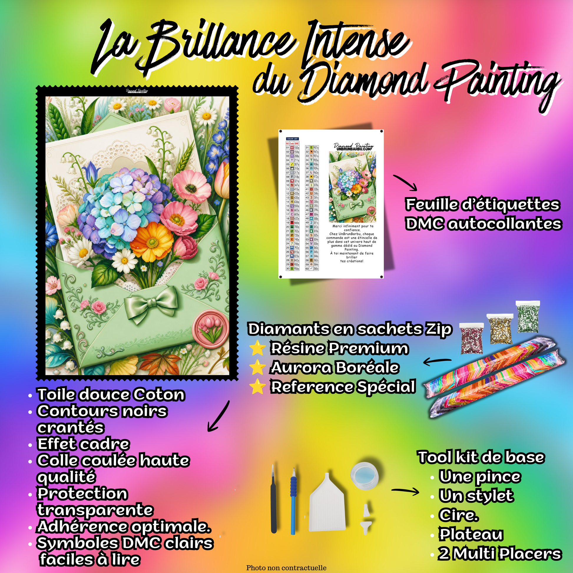 Kit Diamond Painting Les Fleurs de la Lettre 45x60 cm avec toile coton, diamants résine, AB et accessoires