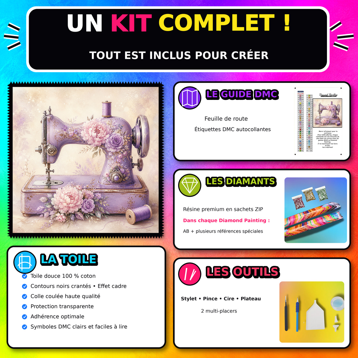 Kit Diamond Painting Machine a Coudre Lilas 80x80 cm avec toile coton, diamants resine, AB et accessoires