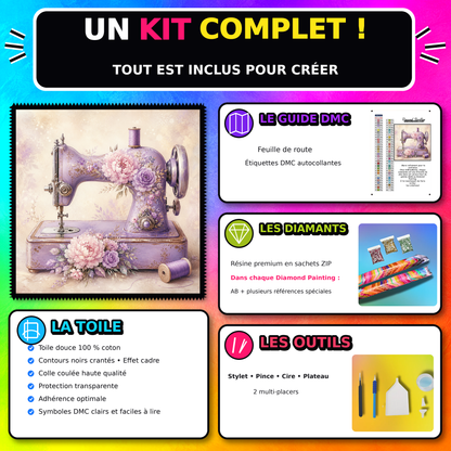 Kit Diamond Painting Machine a Coudre Lilas 80x80 cm avec toile coton, diamants resine, AB et accessoires