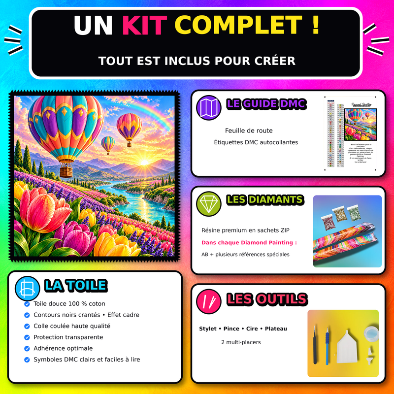 Kit Diamond Painting Montgolfieres de la Vallee Fleurie 100x100 cm avec toile coton, diamants resine, AB et accessoires