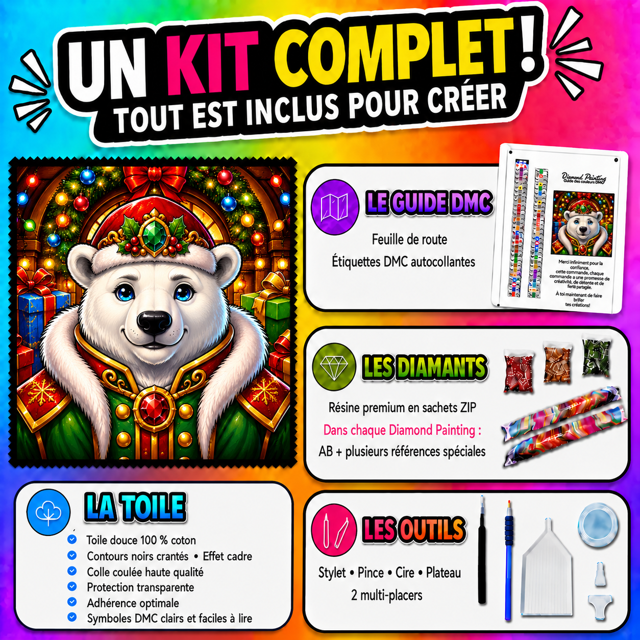 Kit complet Diamond Painting L’Ours Polaire Royal 80x80 cm avec toile coton, diamants et accessoires