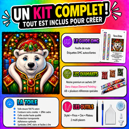 Kit complet Diamond Painting L’Ours Polaire Royal 80x80 cm avec toile coton, diamants et accessoires