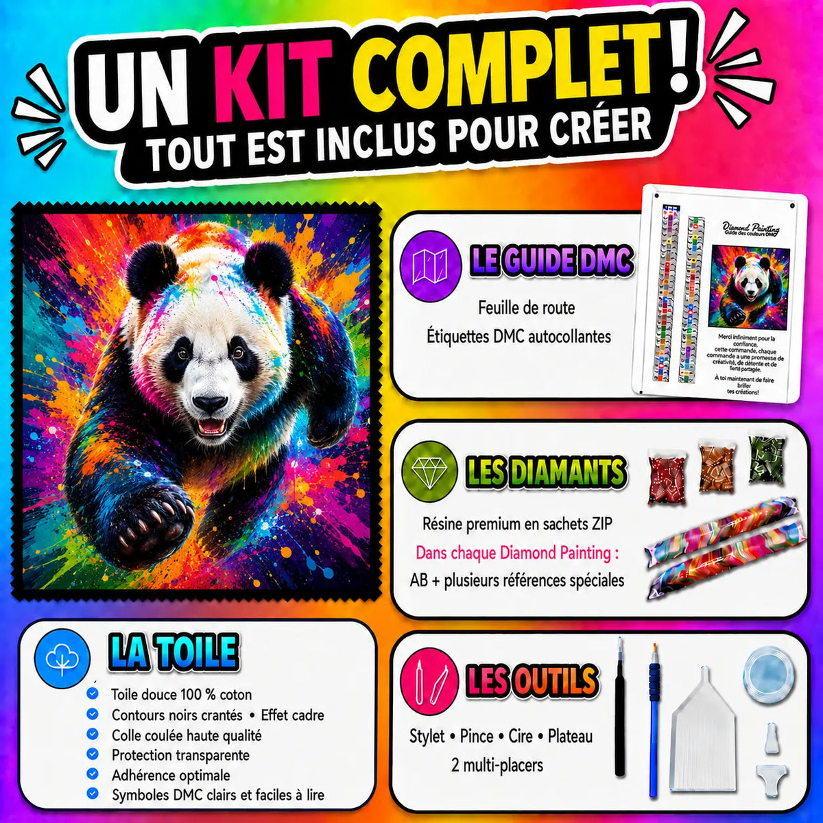 Kit Diamond Painting Panda aux Éclats de Couleurs 90x90 cm avec toile coton, diamants résine, AB et accessoires