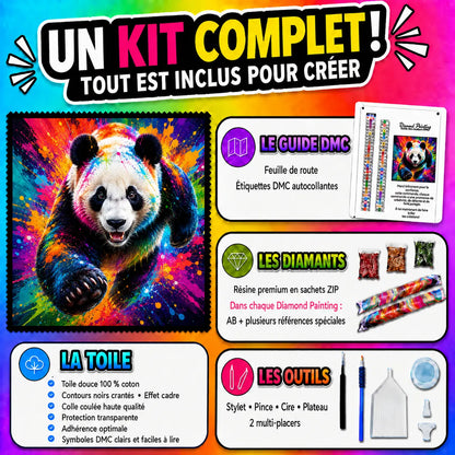 Kit Diamond Painting Panda aux Éclats de Couleurs 90x90 cm avec toile coton, diamants résine, AB et accessoires