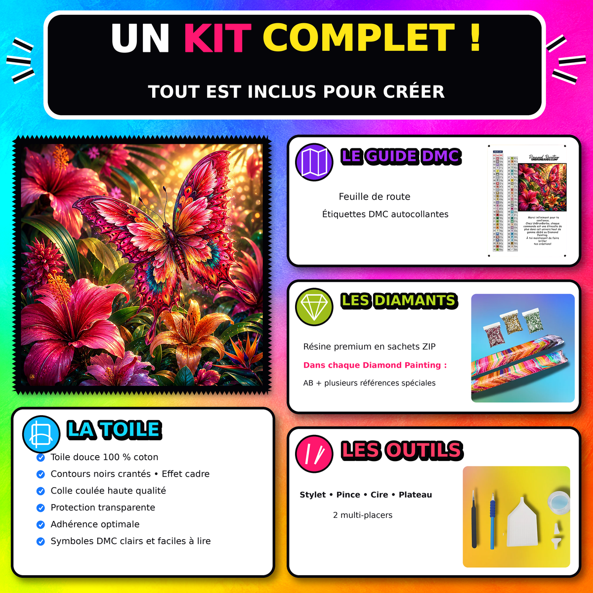 Kit Diamond Painting Papillon aux Hibiscus Flamboyants 90x90 cm avec toile coton, diamants resine, AB et accessoires