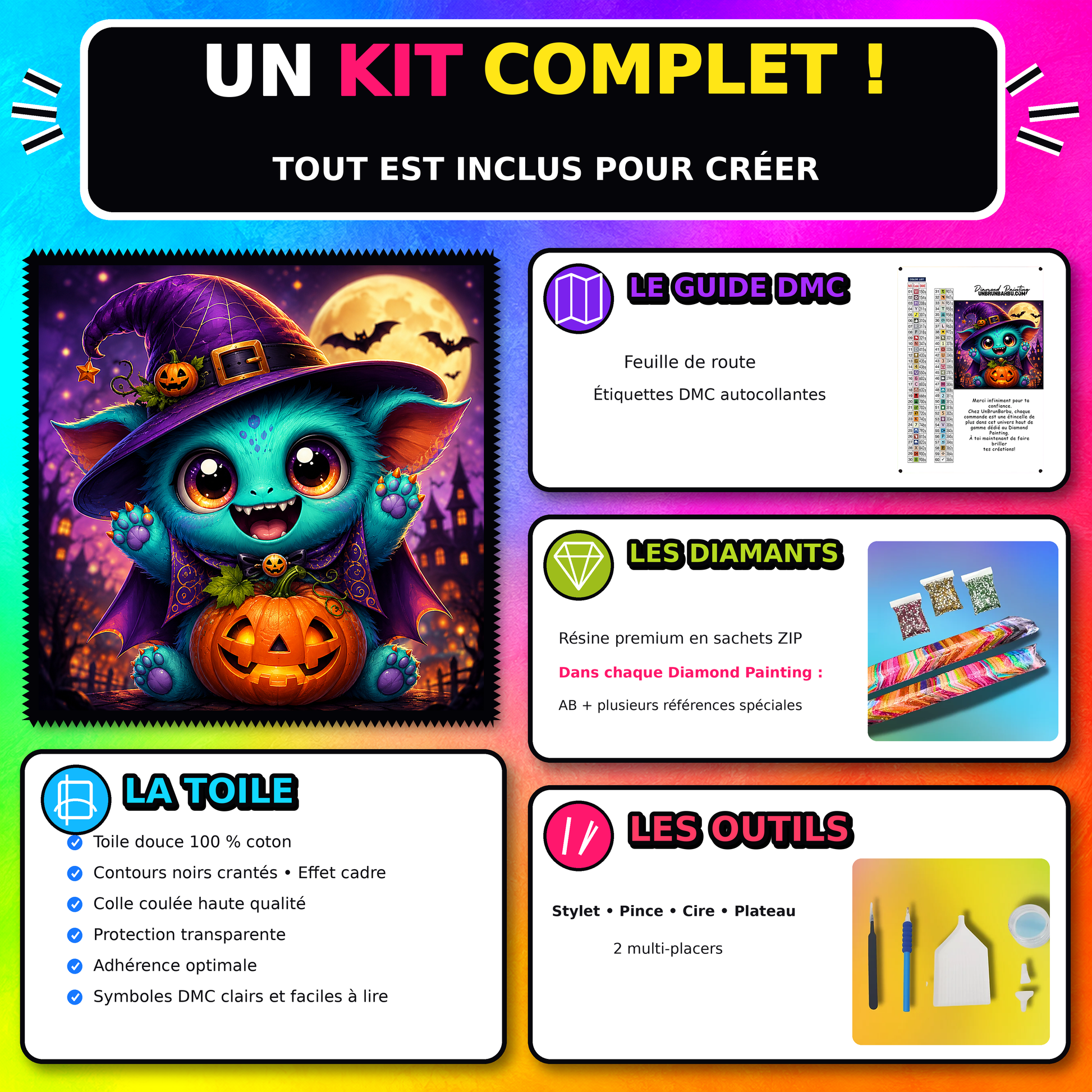 Kit Diamond Painting Petit Monstre d Halloween 90x90 cm avec toile coton, diamants resine, AB et accessoires