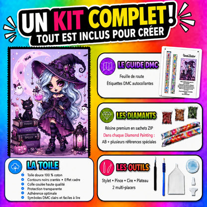 Kit Diamond Painting Petite Sorcière aux Potions 70x90 cm avec toile coton, diamants résine, AB et accessoires