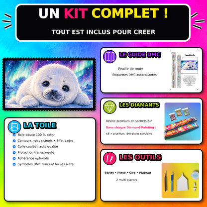 Kit Diamond Painting Phoque des Lumieres du Nord 90x50 cm avec toile coton, diamants resine, AB et accessoires
