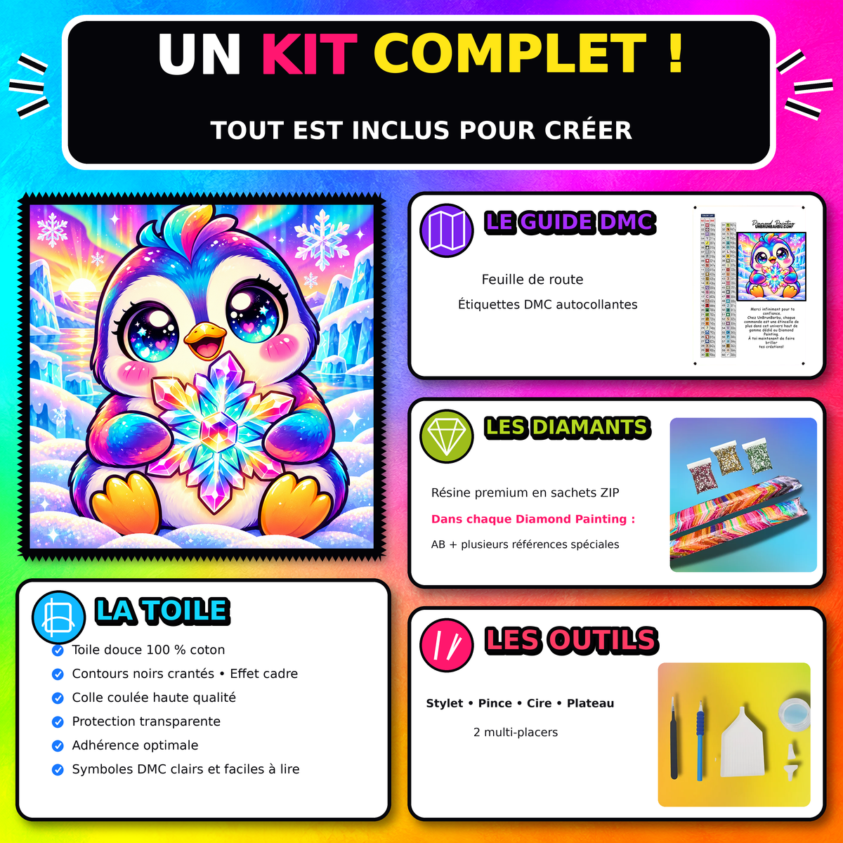 Kit Diamond Painting Pingouin au Flocon de Cristal 60x60 cm avec toile coton et diamants 100 pourcent Cristaux