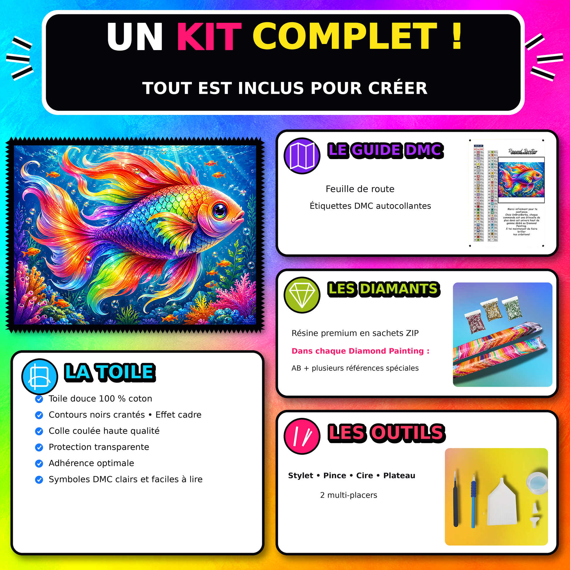Kit Diamond Painting Poisson aux Ecailles Arc-en-Ciel 100x75 cm avec toile coton, diamants resine, AB et accessoires