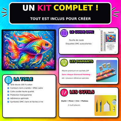 Kit Diamond Painting Poisson aux Ecailles Arc-en-Ciel 100x75 cm avec toile coton, diamants resine, AB et accessoires