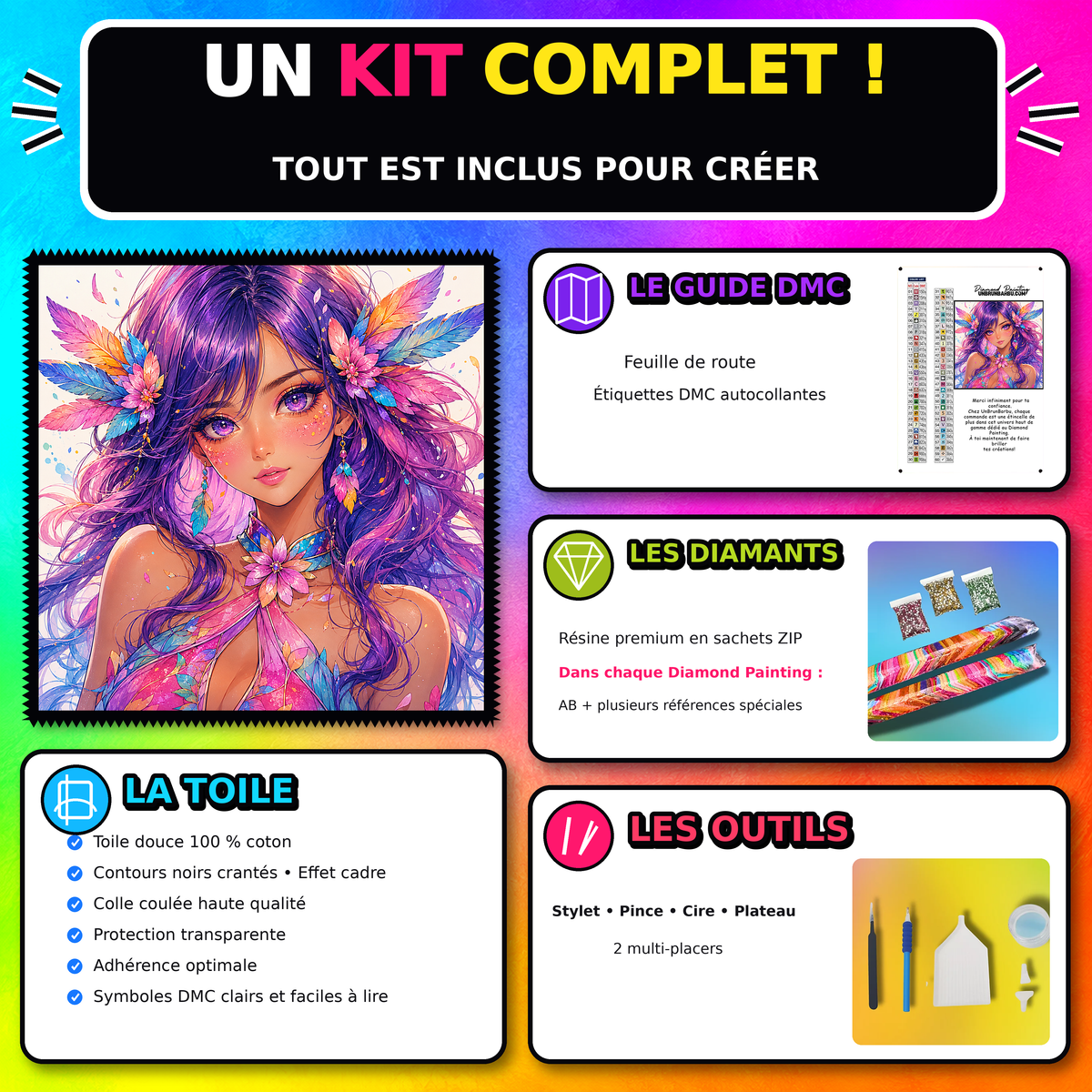Kit Diamond Painting Princesse Beaute aux Plumes Colorees 100x100 cm avec toile coton, diamants resine, AB et accessoires