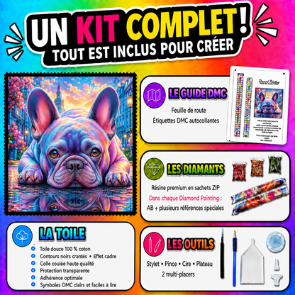Kit complet Diamond Painting Regard du Bouledogue Français 70x70 cm avec toile, diamants et accessoires