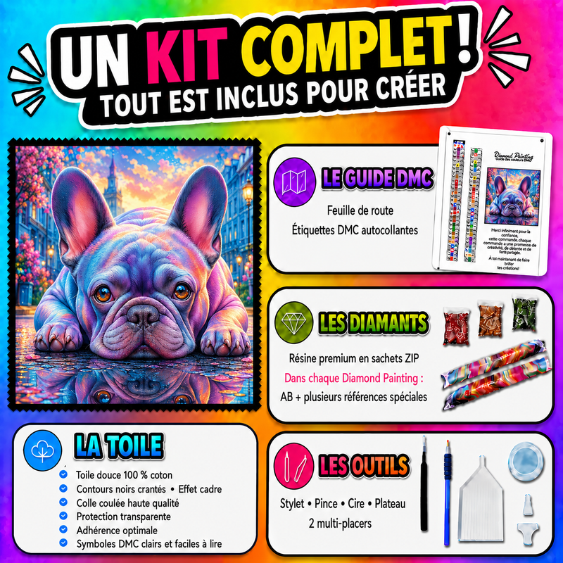 Kit complet Diamond Painting Regard du Bouledogue Français 70x70 cm avec toile, diamants et accessoires