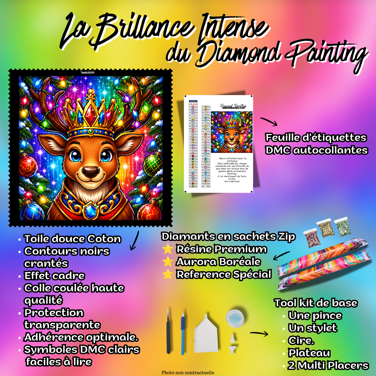 Kit complet Diamond Painting Renne aux Lumières de Noël 80x80 cm avec toile coton, diamants résine, AB et accessoires