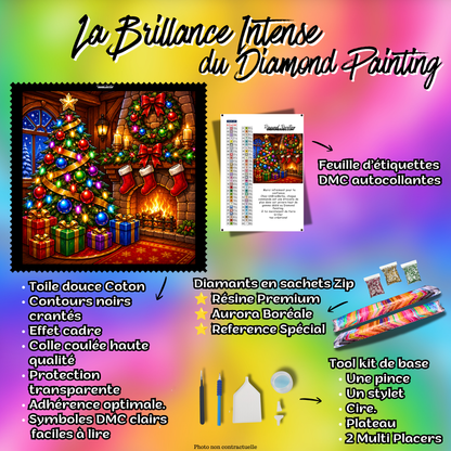 Kit complet Diamond Painting Le Réveillon au Coin du Feu 100x100 cm avec toile coton, diamants résine, AB et accessoires