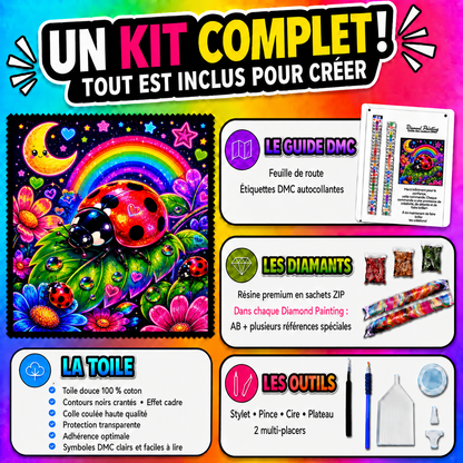 Kit complet Diamond Painting Royaume des Coccinelles 70x70 cm avec toile, diamants et accessoires