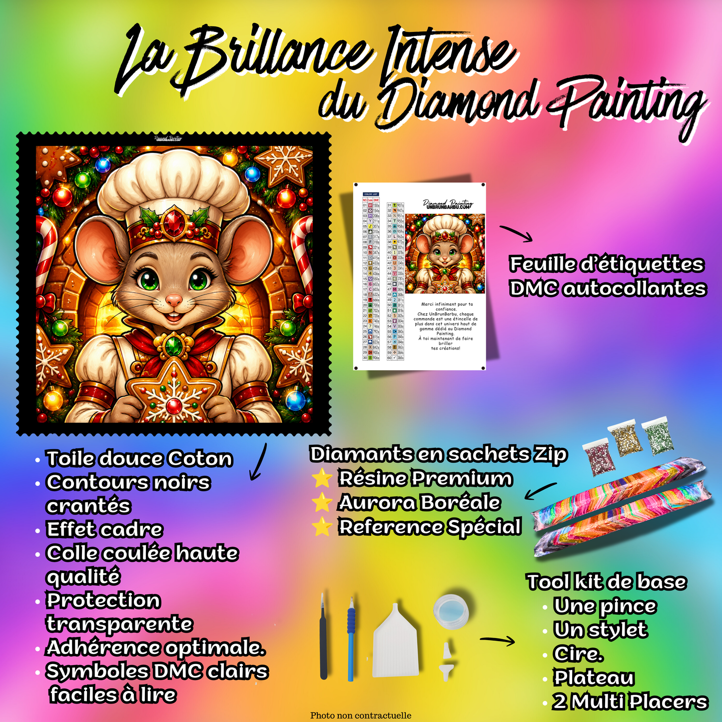 Kit complet Diamond Painting Souris Pâtissière du Père Noël 80x80 cm avec toile coton, diamants résine, AB et accessoires