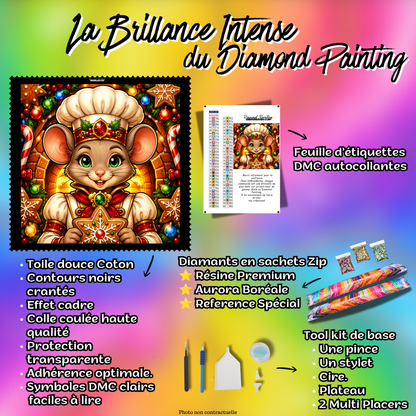 Kit complet Diamond Painting Souris Pâtissière du Père Noël 80x80 cm avec toile coton, diamants résine, AB et accessoires