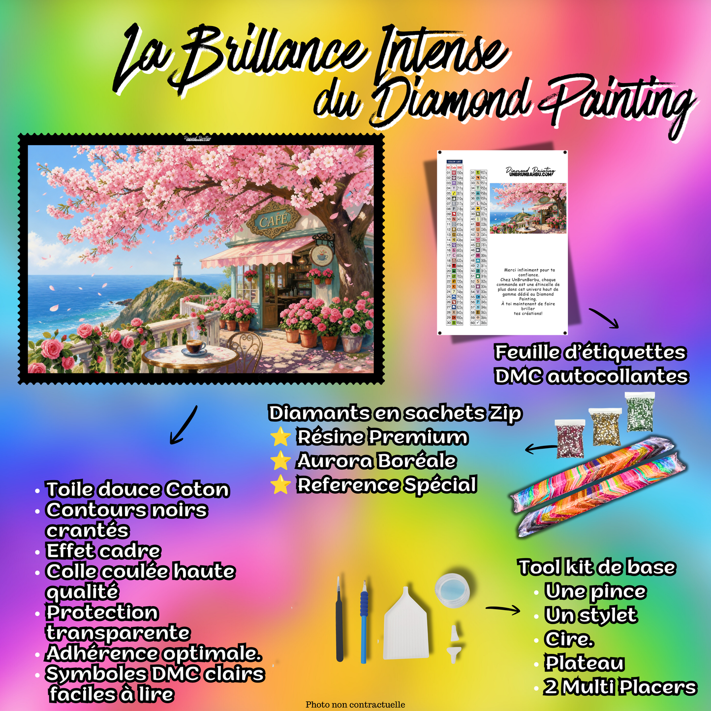 Kit complet Diamond Painting Terrasse aux Fleurs de Cerisier 90x60 cm avec toile coton, diamants résine, AB et accessoires