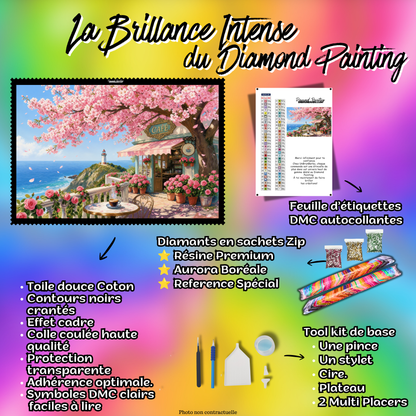 Kit complet Diamond Painting Terrasse aux Fleurs de Cerisier 90x60 cm avec toile coton, diamants résine, AB et accessoires