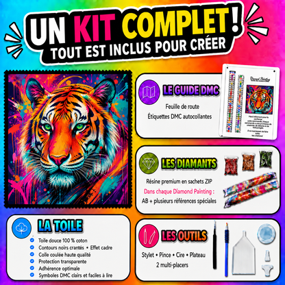 Kit complet Diamond Painting Tigre aux Couleurs Explosives 70x70 cm avec toile, diamants et accessoires