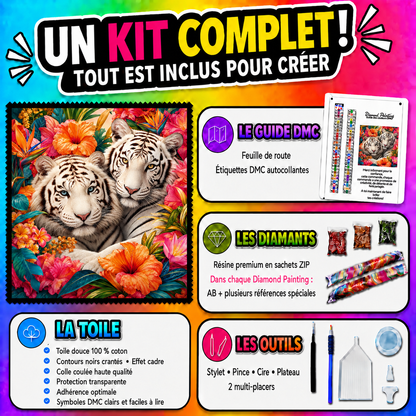 Kit complet Diamond Painting Les Tigres aux Fleurs Exotiques 90x90 cm avec toile, diamants et accessoires