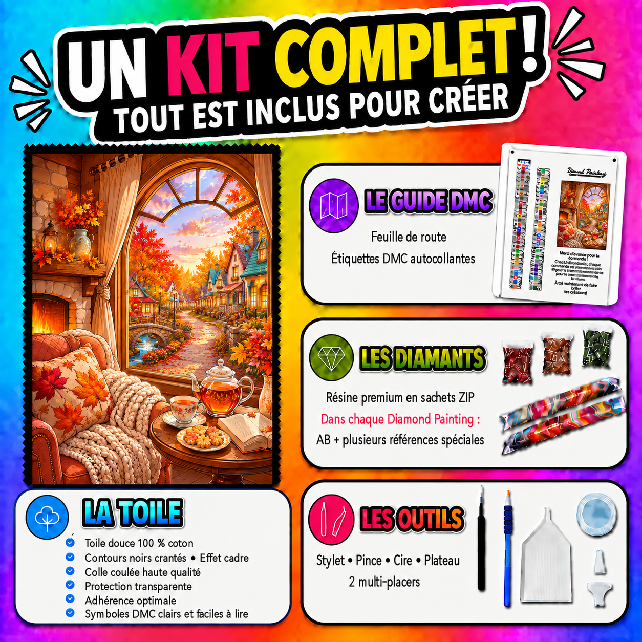 Kit complet Diamond Painting Un Automne au Coin du Feu 70x90 cm avec toile, diamants et accessoires