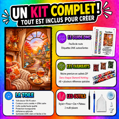 Kit complet Diamond Painting Un Automne au Coin du Feu 70x90 cm avec toile, diamants et accessoires