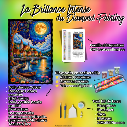 Kit complet Diamond Painting Clair de Lune sur le Village 60x105 cm avec diamants resine accessoires et etiquettes DMC