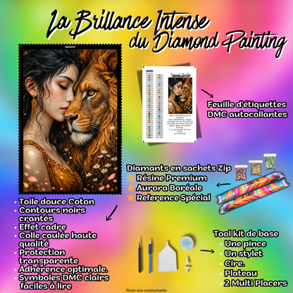 kit diamond painting femme lion accessoires toile complète