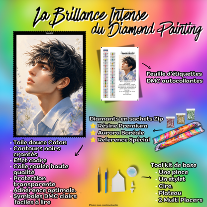 Kit complet Diamond Painting Garçon aux Fleurs Bleues 80x100 cm avec diamants resine accessoires et etiquettes DMC