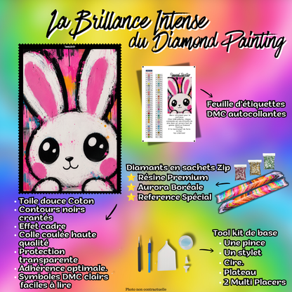 Kit complet Diamond Painting Lapin Pop Art 40x55 cm avec diamants resine accessoires et etiquettes DMC