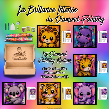 Kit Diamond Painting Medium Animaux N°1 avec 6 toiles de 30x30 cm et accessoires complets